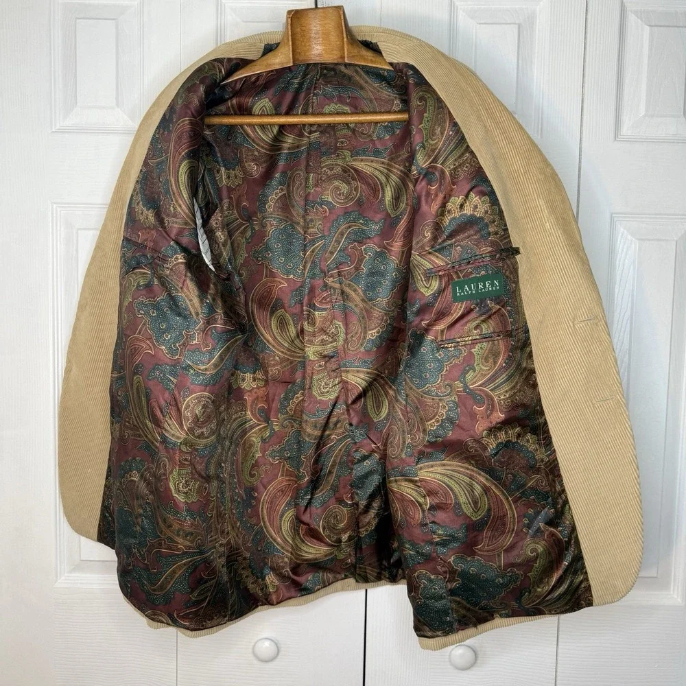 Vtg LRL Ralph Lauren Tan Corduroy 2 Button Blazer Jacket 48R Elbow‎ Patches